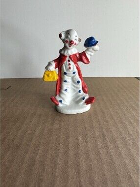 Vintage Ceramic Clown Figurine yellow purse and blue hat
